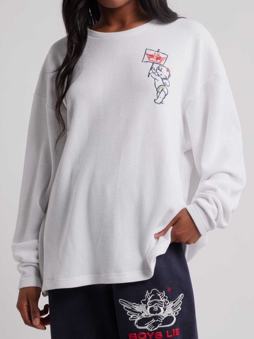 Boys Lie White Waffle-Knit Crewneck Sweater with Elephant Patch